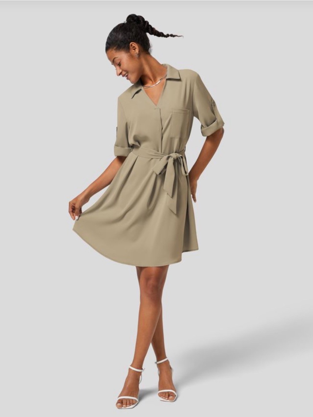 Halara Roll Up Sleeve MISSING BELT Relaxed Work Shirt Dress Pale Khaki size Med